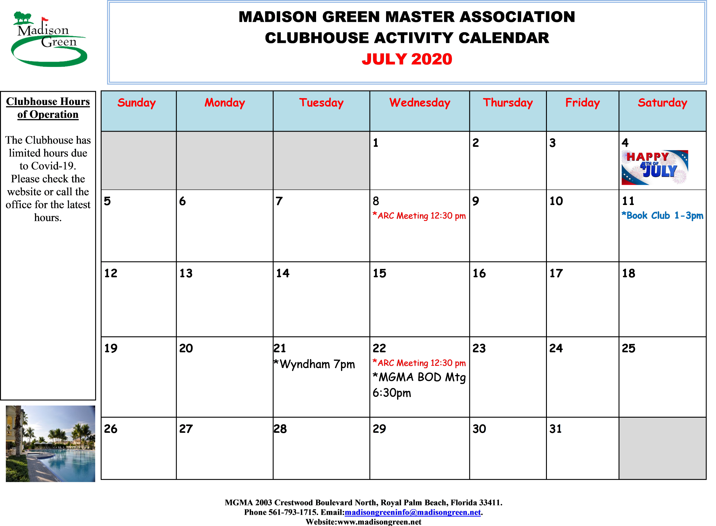July Calendar w Madison Green Master Association